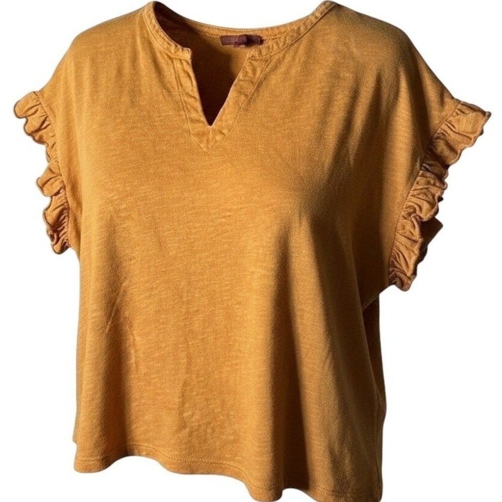 Anthropologie Pilcro Mustard Yellow Ruffle Sleeve Slub Knit Top Tee Small
